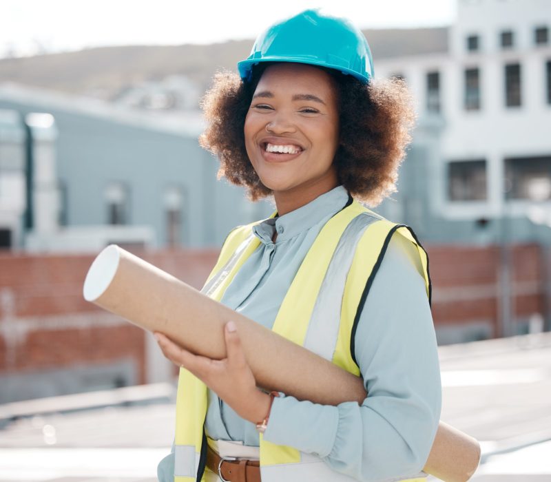 Portrait, solar engineer and woman in city on rooftop for career in renewable energy. Face, archite.
